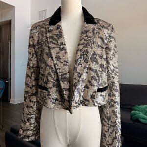 Free People Sequin Cropped Blazer in Silver and Black Velvet Trim
